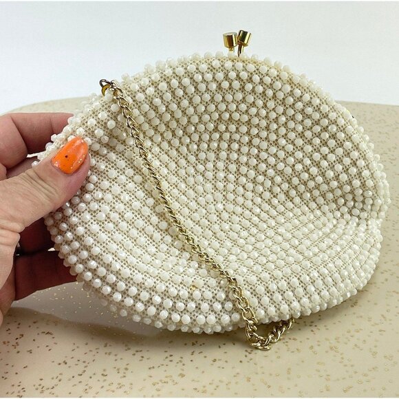 Vintage 50s cream beaded purse, Mid Century clutch, formal event accessory - Picture 2 of 8